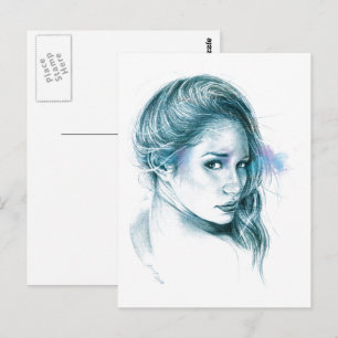 Girl portrait pencil drawing art Blue Postcard
