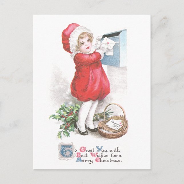 Girl Posting Letters Vintage Christmas Holiday Postcard (Front)