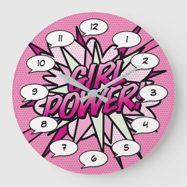 GIRL POWER Comic Book Pop Art Pink Large Clock (Front)