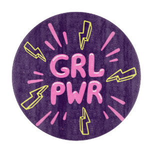 Girl power feminist slogan, violet background. cutting board