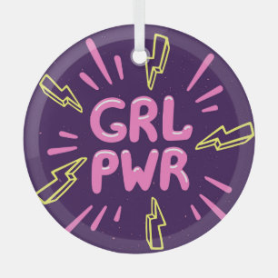 Girl power feminist slogan, violet background. glass tree decoration