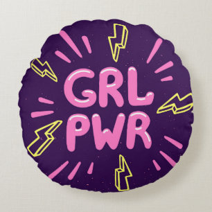 Girl power feminist slogan, violet background. round cushion
