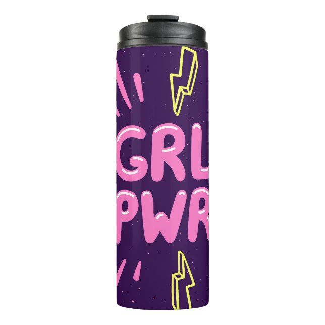 Girl power feminist slogan, violet background. thermal tumbler (Front)
