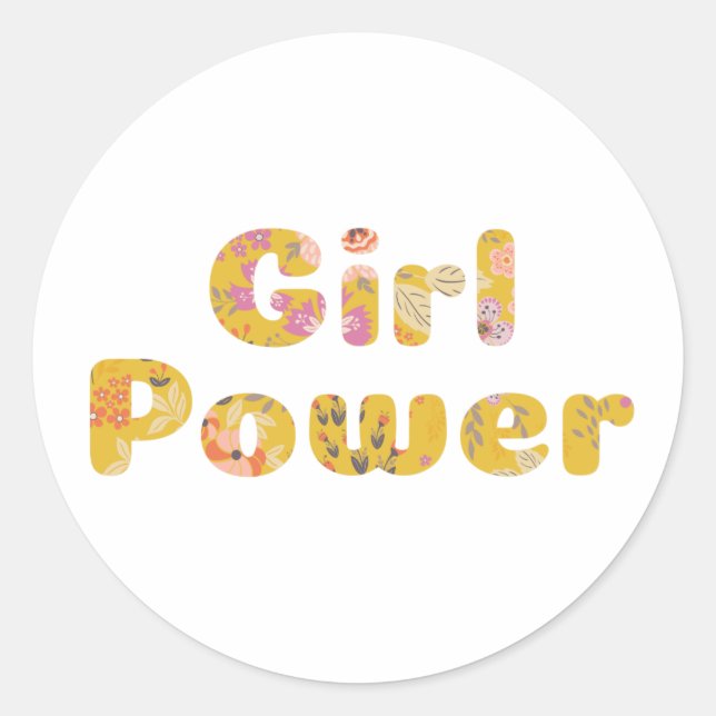 Girl Power Floral Lettering in Mustard Yellow Classic Round Sticker (Front)
