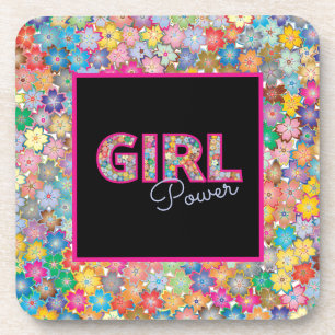 Girl Power girly multicolor flowers pink text   Coaster