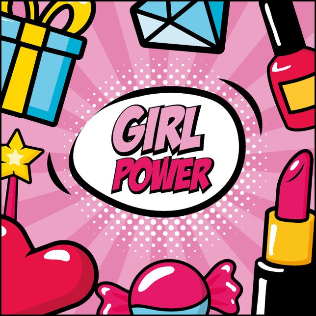 Girl Power Key Ring (Pop art illustration with a pink background and white dots, featuring a speech bubble.)