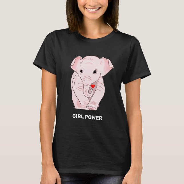 Girl Power Pink Elephant Holding a Heart  T-Shirt (Front)