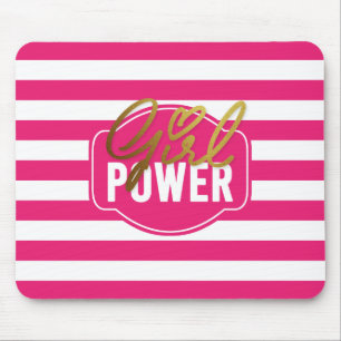 Girl Power - Pink-White & Gold Stripes Mousepad