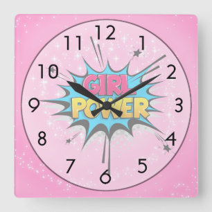 Girl Power Pop Art  on Pink Wall Clock