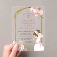 Girl Praying Gold First Holy Communion curly hair