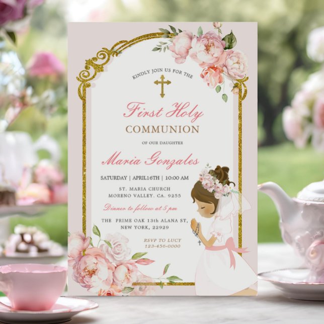 Girl Praying Gold First Holy Communion curly hair Invitation (Creator Uploaded)