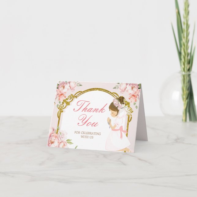 Girl Praying Gold First Holy Communion Folded Thank You Card (Front)
