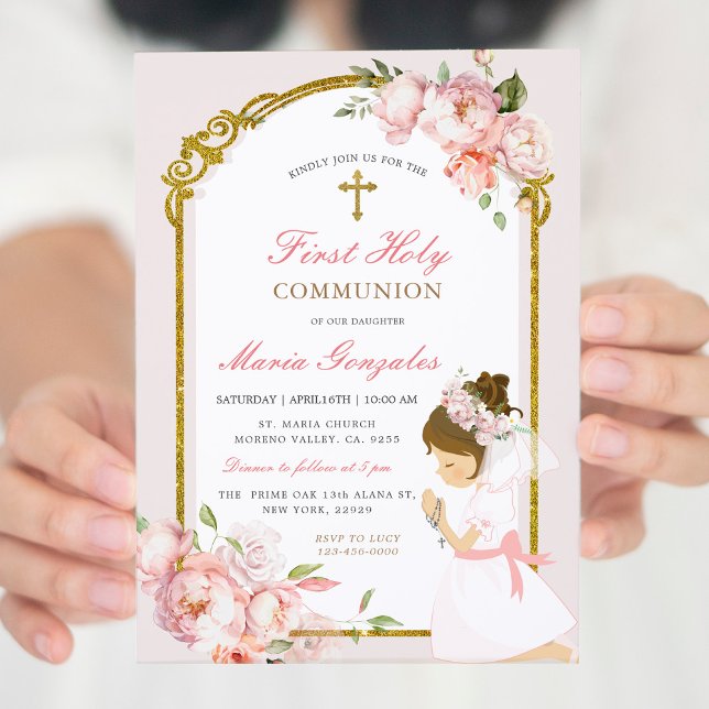 Girl Praying Gold First Holy Communion Pink Floral Invitation (Creator Uploaded)