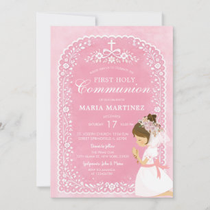 Girl Praying Pink Papel Picado 1st Holy Communion Invitation