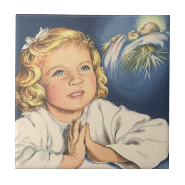 Girl Praying to Jesus Christ, Bedtime Prayers Tile (Front)