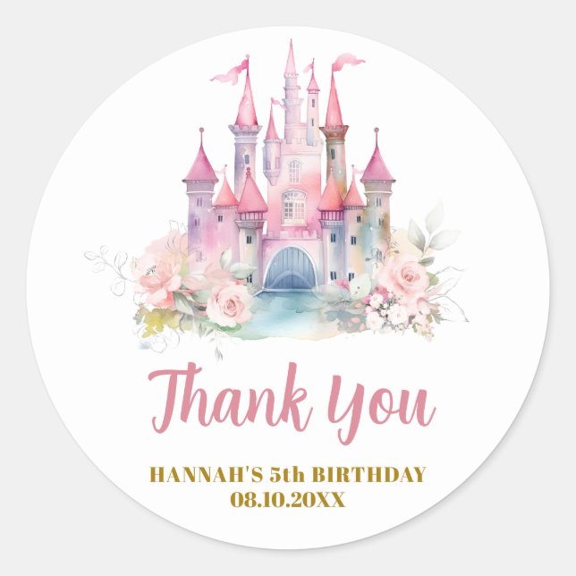Girl Princess Royal Castle 5th Birthday Thank You Classic Round Sticker (Front)