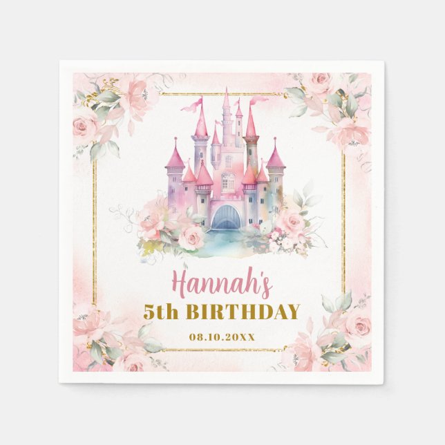 Girl Princess Royal Castle Fifth Birthday Paper Napkin (Front)