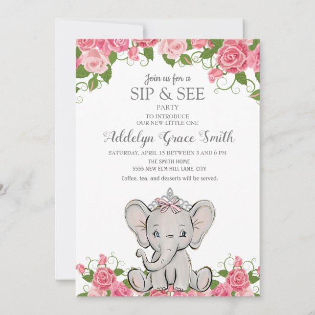 Girl Princess Tiara Elephant Pink Floral Sip See Invitation (Front)