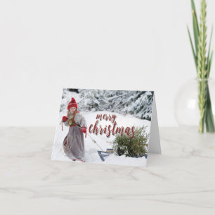 Girl Pulling Sled with Tree, Merry Christmas Holiday Card