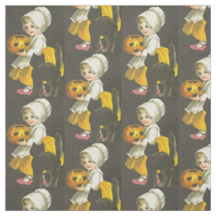 Girl, Pumpkin, Black Cat, Vintage Halloween Fabric