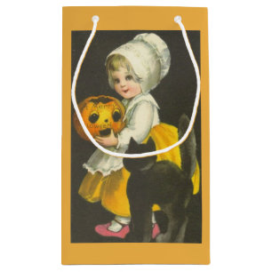 Girl Pumpkin Black Cat Vintage Halloween Gift Bag