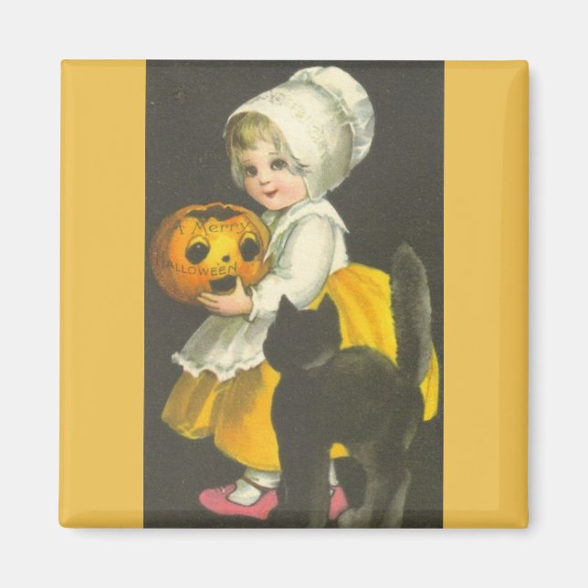 Girl Pumpkin Black Cat Vintage Halloween Magnet (Front)