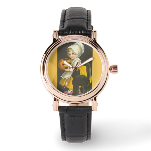 Girl Pumpkin Black Cat Vintage Halloween Watch (Front)