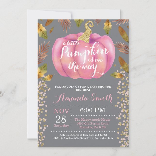 Girl Pumpkin Fall Baby Shower Gold Glitter Invitation (Front)