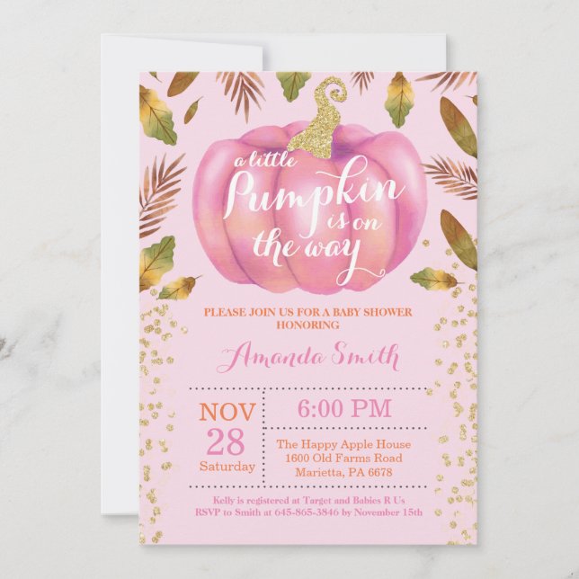 Girl Pumpkin Fall Baby Shower Invitation Gold (Front)