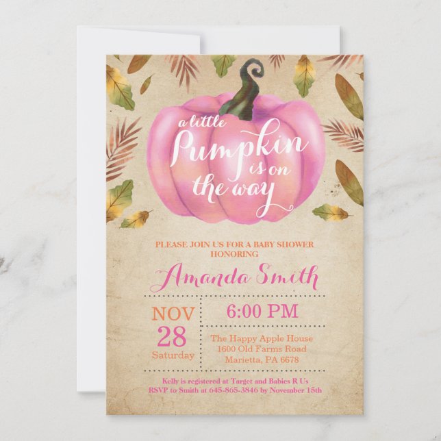 Girl Pumpkin Fall Baby Shower Invitation Rustic (Front)