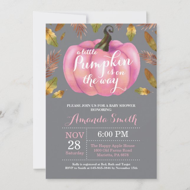 Girl Pumpkin Fall Baby Shower Pink and Gary Invitation (Front)