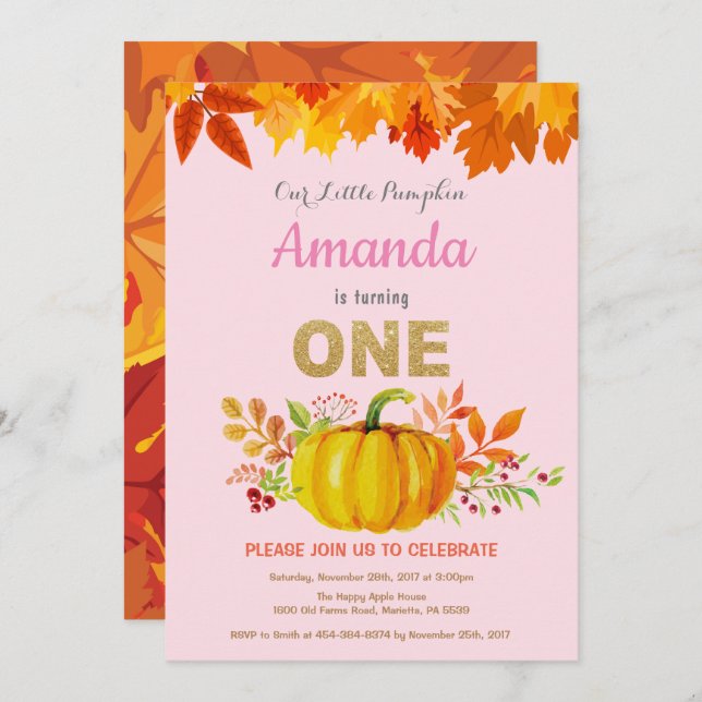 Girl Pumpkin Fall First Birthday Gold Glitter Invitation (Front/Back)