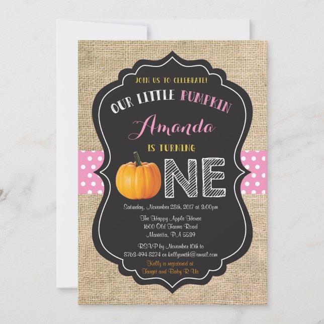 Girl Pumpkin First Birthday Invitation Burlap (Front)