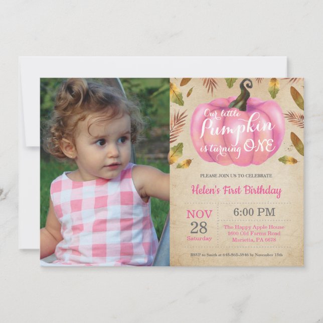 Girl Pumpkin First Birthday Invitation Pink (Front)