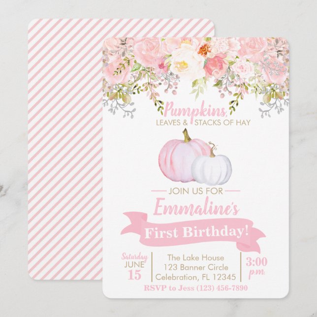 Girl Pumpkin Floral Garden Birthday Invitation (Front/Back)