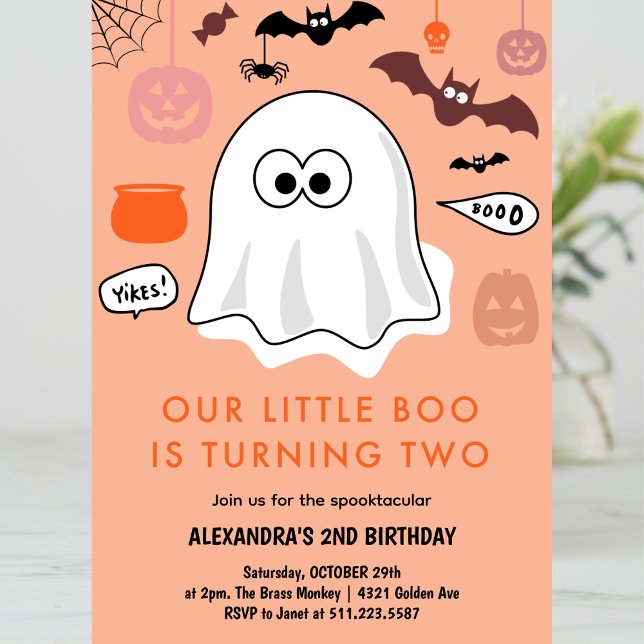Girl Pumpkin Orange Ghost Halloween 2nd Birthday Invitation (Halloween-2nd-birthday-Invitation-ghost-girl-orange-1)