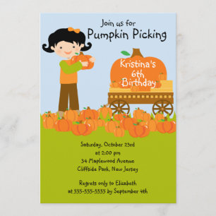 Girl Pumpkin Picking Birthday Party Invitations