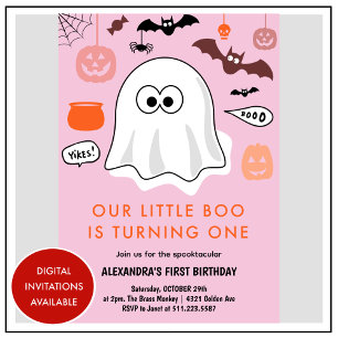 Girl Pumpkin Pink Ghost Halloween 2nd Birthday Invitation