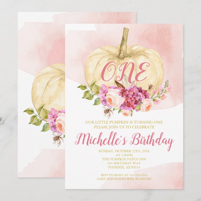 Girl Pumpkin Pink Gold First Birthday Watercolor Invitation (Front/Back)
