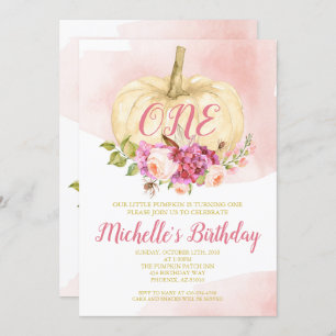 Girl Pumpkin Pink Gold First Birthday Watercolor Invitation