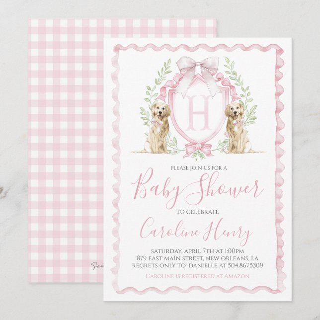 Girl Puppy Dog Baby Shower Preppy Pink Gingham Invitation (Front/Back)