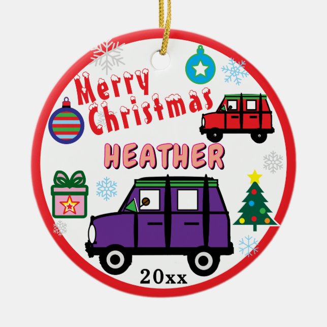 Girl Purple and Red Cars Blue PHOTO NAME Ceramic Tree Decoration (Front)