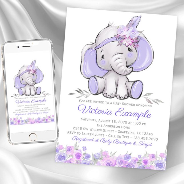 Girl Purple Boho Elephant Baby Shower Invitation (Girl purple elephant baby shower invitations. Instant download and printed invitations available.)
