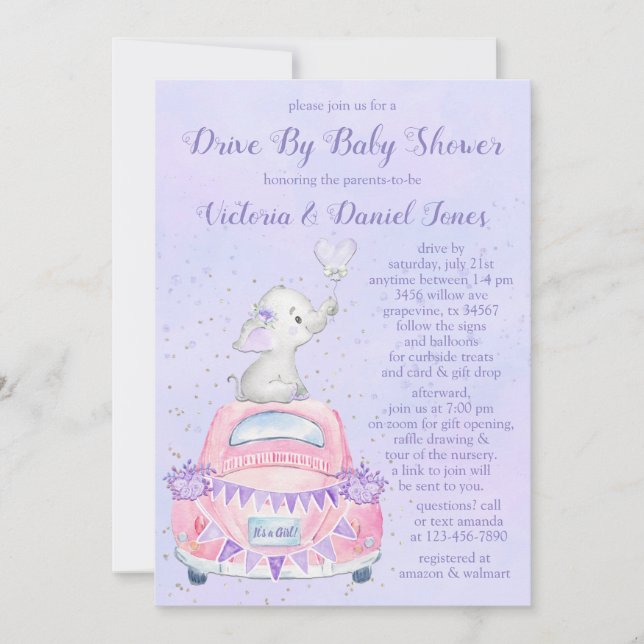 Girl Purple Elephant Car Drive By Baby Shower Invitation (Front)