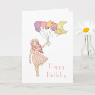 Girl Purple Heart Stars Moon Balloons Birthday Card