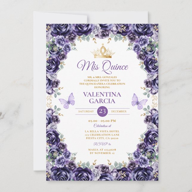 Girl Purple Quinceañera 15 Anos Flowers Gold Crown Invitation (Front)