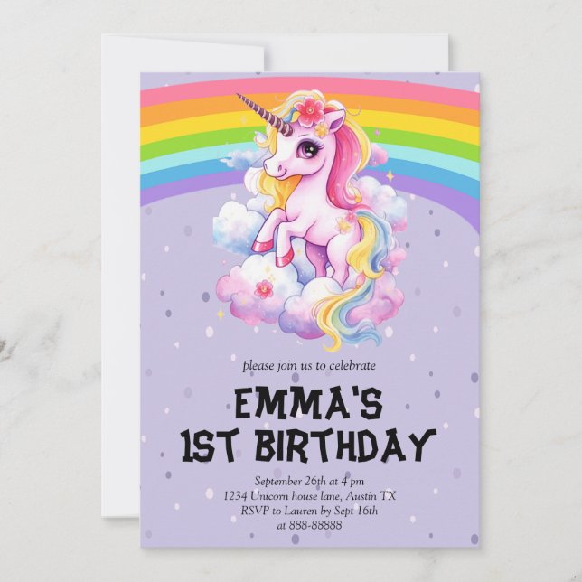Girl Purple Rainbow Unicorn Girly 1st Birthday Invitation (Front)