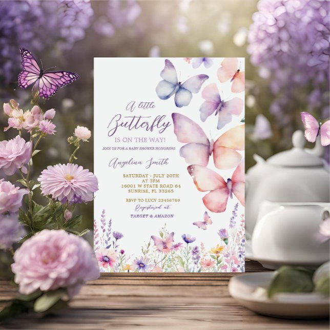 Girl Purple Wildflower Butterfly Baby Shower Invitation (Creator Uploaded)