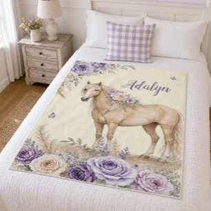 Girl Purple Yellow Rose Horse Monogram Fleece Blanket