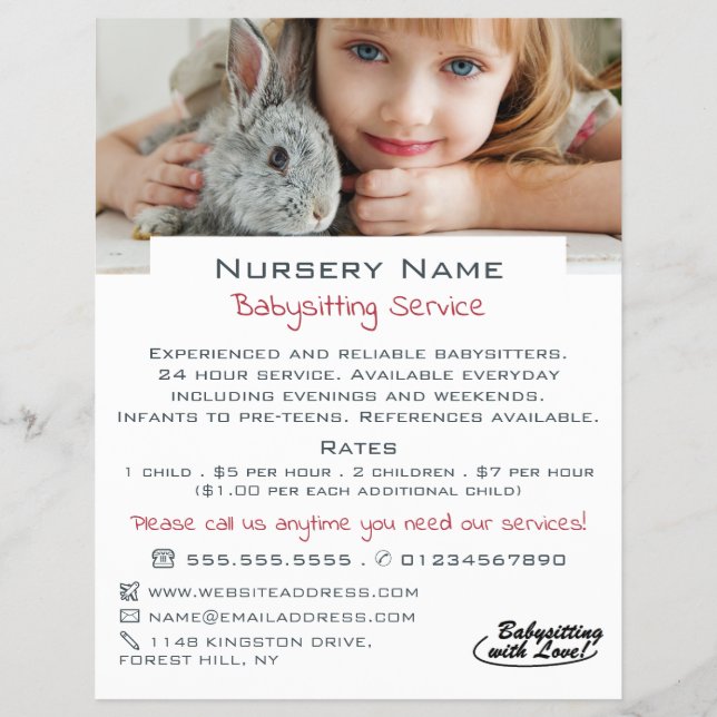 Girl & Rabbit, Babysitter, Daycare, Nursery Advert Flyer (Front)